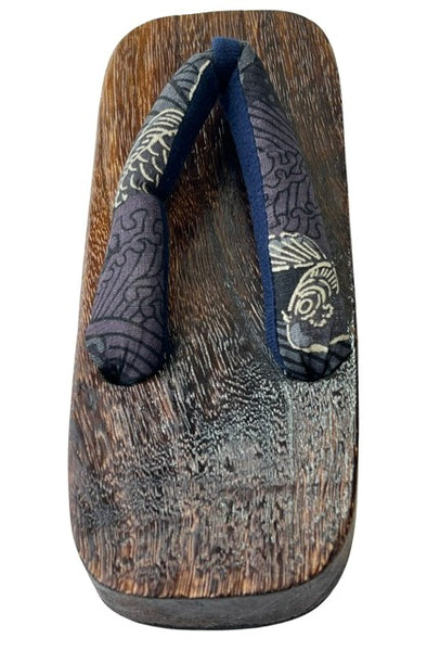 Japanese Children's Geta Sandals – Dark Grain Wood with Koi & Wave Pattern Straps, Size: US Youth 3