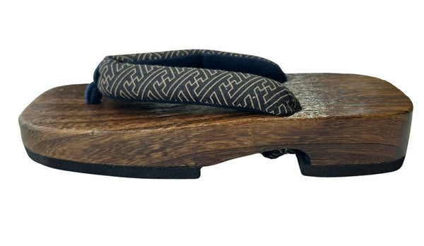 Japanese Children's Geta Sandals – Dark Grain Wood with Navy Geometric Pattern Straps, Size: US Youth 3