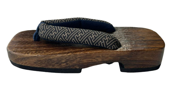 Japanese Children's Geta Sandals – Dark Grain Wood with Navy Geometric Pattern Straps, Size: US Youth 3