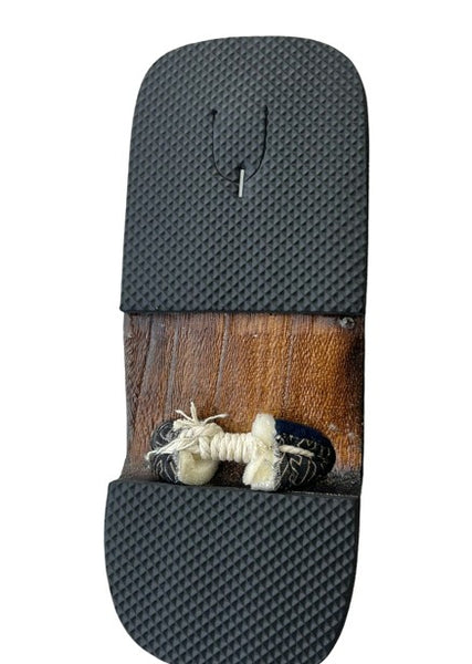Japanese Children's Geta Sandals – Dark Grain Wood with Navy Geometric Pattern Straps, Size: US Youth 3