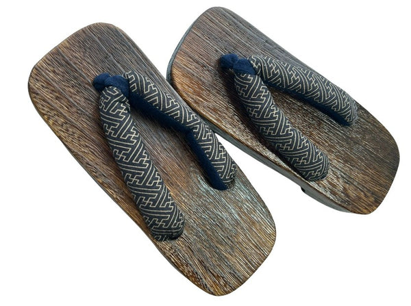 Japanese Children's Geta Sandals – Dark Grain Wood with Navy Geometric Pattern Straps, Size: US Youth 3