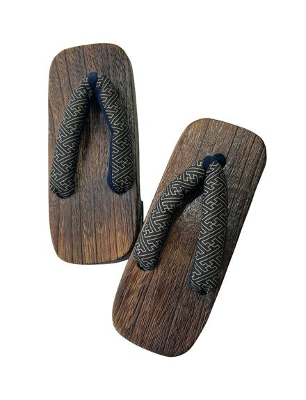 Japanese Children's Geta Sandals – Dark Grain Wood with Navy Geometric Pattern Straps, Size: US Youth 3