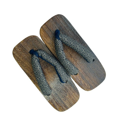Japanese Children's Geta Sandals – Dark Grain Wood with Navy Geometric Pattern Straps, Size: US Youth 3