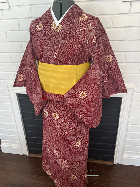 KIMONO, Chrysanthemum, Size: S / Japanese Traditional Women's Awase (lined) "Shibori (tie-dye) Komon"