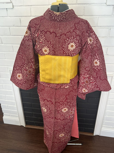 KIMONO, Chrysanthemum, Size: S / Japanese Traditional Women's Awase (lined) "Shibori (tie-dye) Komon"