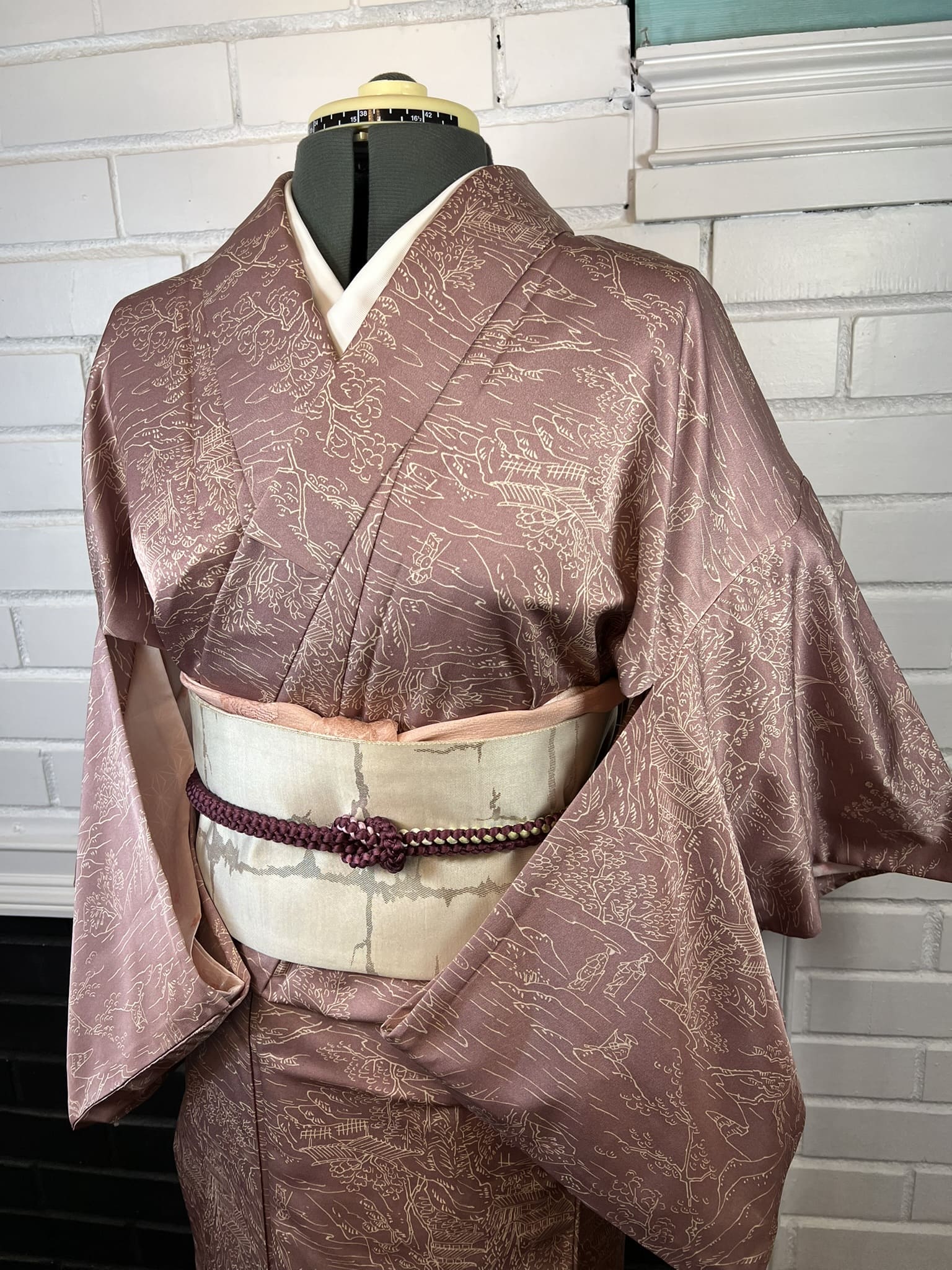 Washable KIMONO, Size: S-M / Japanese Traditional Women's Hitoe (single layer) "Komon" Kimono, Summer Kimono with Scenic Pattern, Rose Mauve
