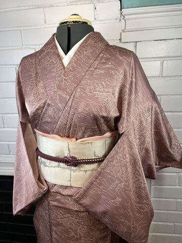 Washable KIMONO, Size: S-M / Japanese Traditional Women's Hitoe (single layer) "Komon" Kimono, Summer Kimono with Scenic Pattern, Rose Mauve