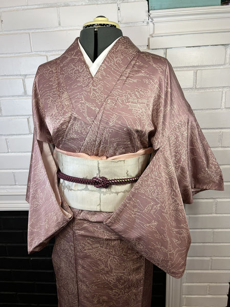 Washable KIMONO, Size: S-M / Japanese Traditional Women's Hitoe (single layer) "Komon" Kimono, Summer Kimono with Scenic Pattern, Rose Mauve