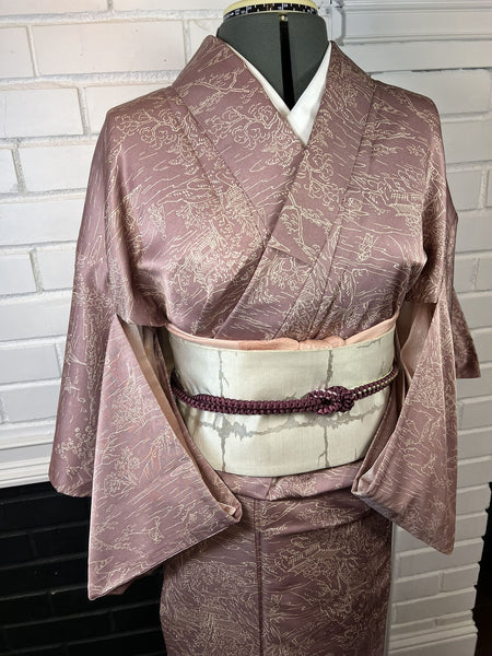 Washable KIMONO, Size: S-M / Japanese Traditional Women's Hitoe (single layer) "Komon" Kimono, Summer Kimono with Scenic Pattern, Rose Mauve