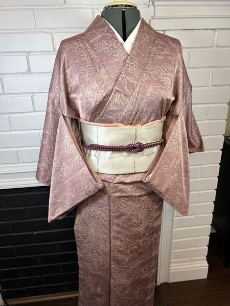 Washable KIMONO, Size: S-M / Japanese Traditional Women's Hitoe (single layer) "Komon" Kimono, Summer Kimono with Scenic Pattern, Rose Mauve