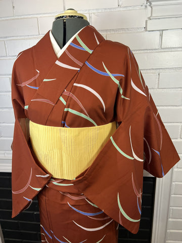 Washable Vintage KIMONO, Size: S / Japanese Traditional Women's Hitoe Kimono, Rust Brown Unlined summer Kimono with Colorful Curved Stripes