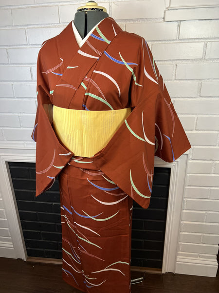 Washable Vintage KIMONO, Size: S / Japanese Traditional Women's Hitoe Kimono, Rust Brown Unlined summer Kimono with Colorful Curved Stripes