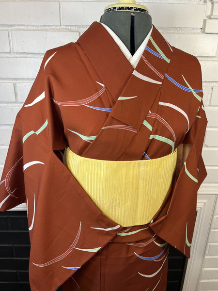 Washable Vintage KIMONO, Size: S / Japanese Traditional Women's Hitoe Kimono, Rust Brown Unlined summer Kimono with Colorful Curved Stripes