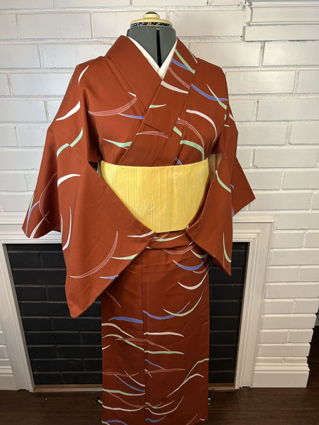 Washable Vintage KIMONO, Size: S / Japanese Traditional Women's Hitoe Kimono, Rust Brown Unlined summer Kimono with Colorful Curved Stripes