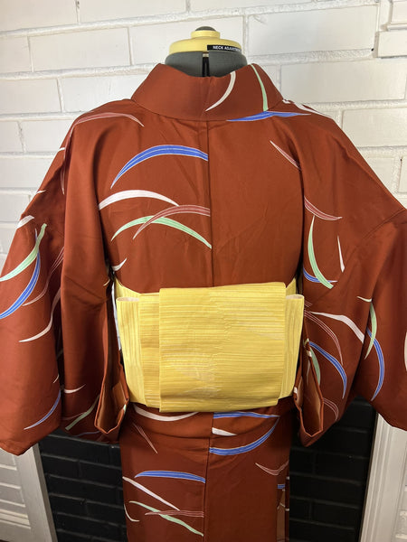 Washable Vintage KIMONO, Size: S / Japanese Traditional Women's Hitoe Kimono, Rust Brown Unlined summer Kimono with Colorful Curved Stripes