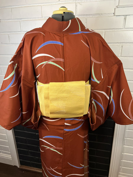 Washable Vintage KIMONO, Size: S / Japanese Traditional Women's Hitoe Kimono, Rust Brown Unlined summer Kimono with Colorful Curved Stripes