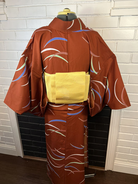 Washable Vintage KIMONO, Size: S / Japanese Traditional Women's Hitoe Kimono, Rust Brown Unlined summer Kimono with Colorful Curved Stripes