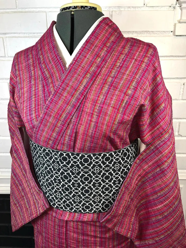 Japanese Vintage KIMONO, Size: S / Japanese Traditional Women's Hitoe (single layer) "Cotton" Kimono, Vibrant Pink Stripes