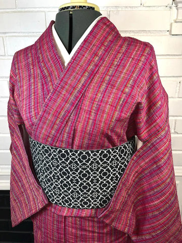 Japanese Vintage KIMONO, Size: S / Japanese Traditional Women's Hitoe (single layer) "Cotton" Kimono, Vibrant Pink Stripes