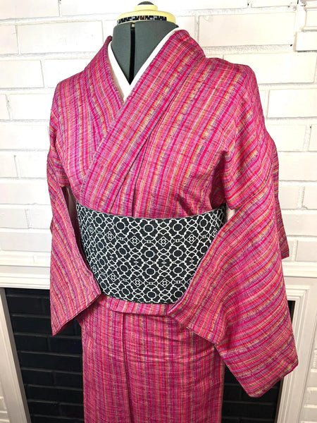 Japanese Vintage KIMONO, Size: S / Japanese Traditional Women's Hitoe (single layer) "Cotton" Kimono, Vibrant Pink Stripes