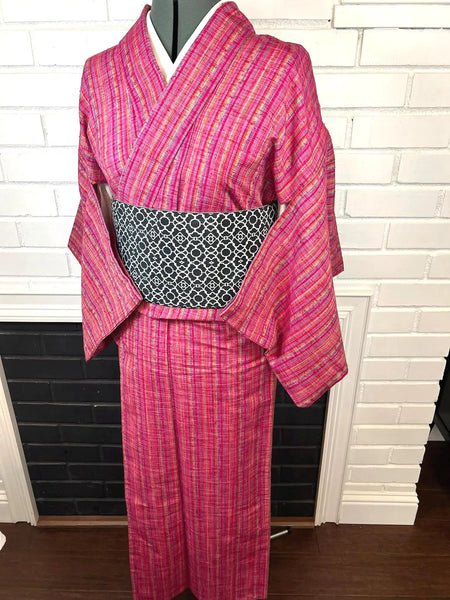 Japanese Vintage KIMONO, Size: S / Japanese Traditional Women's Hitoe (single layer) "Cotton" Kimono, Vibrant Pink Stripes
