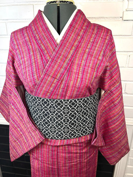 Japanese Vintage KIMONO, Size: S / Japanese Traditional Women's Hitoe (single layer) "Cotton" Kimono, Vibrant Pink Stripes