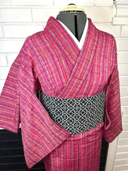 Japanese Vintage KIMONO, Size: S / Japanese Traditional Women's Hitoe (single layer) "Cotton" Kimono, Vibrant Pink Stripes