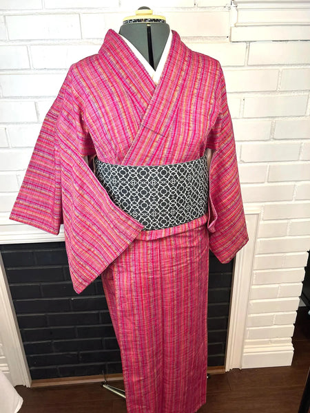 Japanese Vintage KIMONO, Size: S / Japanese Traditional Women's Hitoe (single layer) "Cotton" Kimono, Vibrant Pink Stripes