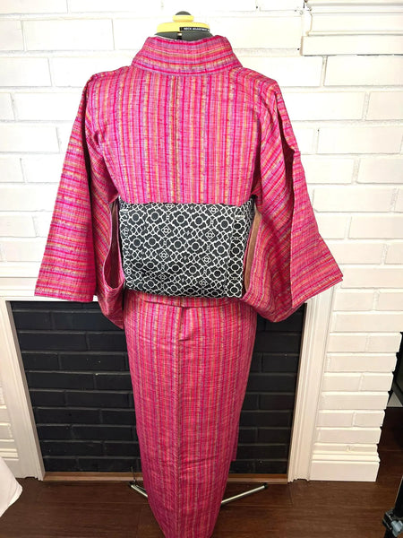 Japanese Vintage KIMONO, Size: S / Japanese Traditional Women's Hitoe (single layer) "Cotton" Kimono, Vibrant Pink Stripes