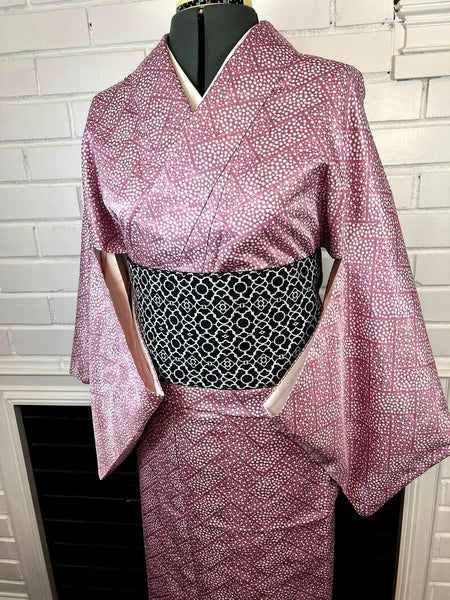 Japanese Vintage KIMONO, Size: M-L / Japanese Traditional Women's Awase (fully lined), Pink Kimono with White Dotted