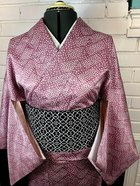 Japanese Vintage KIMONO, Size: M-L / Japanese Traditional Women's Awase (fully lined), Pink Kimono with White Dotted