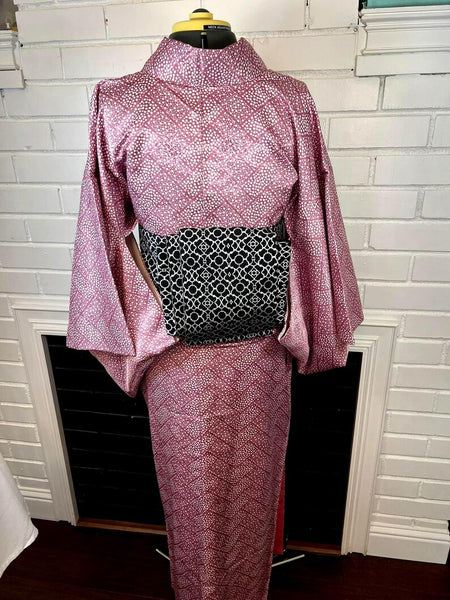 Japanese Vintage KIMONO, Size: M-L / Japanese Traditional Women's Awase (fully lined), Pink Kimono with White Dotted