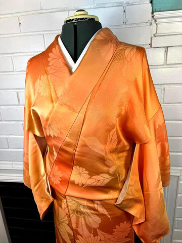 Japanese Vintage KIMONO, Size: S / Traditional Women's Awase (fully lined), Gradient Orange with Woven Floral Pattern