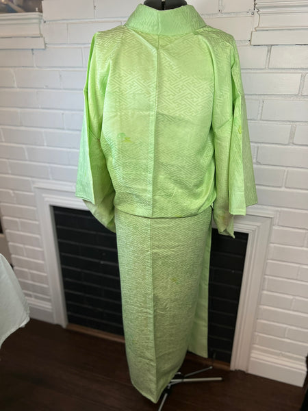 Japanese Washable Vintage KIMONO, Size: M / Traditional Women's Awase (Lined) "Komon" Kimono, Light Green with  Geometric Woven Pattern