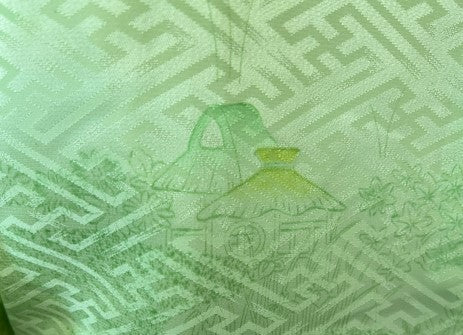 Japanese Washable Vintage KIMONO, Size: M / Traditional Women's Awase (Lined) "Komon" Kimono, Light Green with  Geometric Woven Pattern
