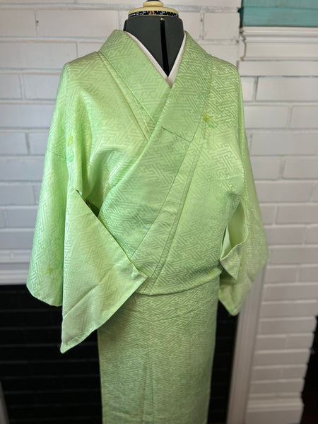 Japanese Washable Vintage KIMONO, Size: M / Traditional Women's Awase (Lined) "Komon" Kimono, Light Green with  Geometric Woven Pattern