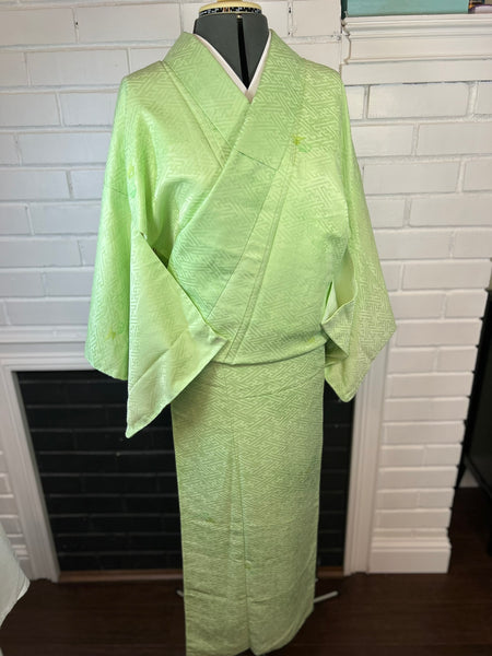 Japanese Washable Vintage KIMONO, Size: M / Traditional Women's Awase (Lined) "Komon" Kimono, Light Green with  Geometric Woven Pattern