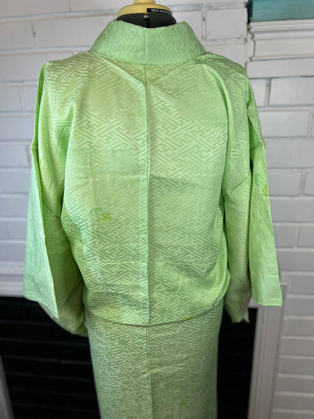 Japanese Washable Vintage KIMONO, Size: M / Traditional Women's Awase (Lined) "Komon" Kimono, Light Green with  Geometric Woven Pattern