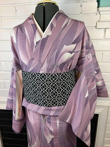 Japanese Vintage Komon Kimono: Purple Floral Awase, Size S