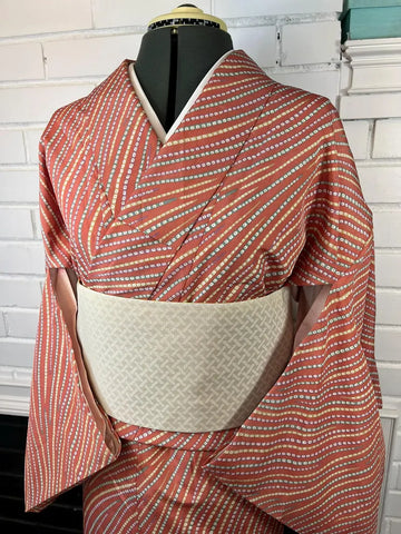 Japanese Vintage Komon Kimono: Orange Striped Awase with Small Dot, Size M