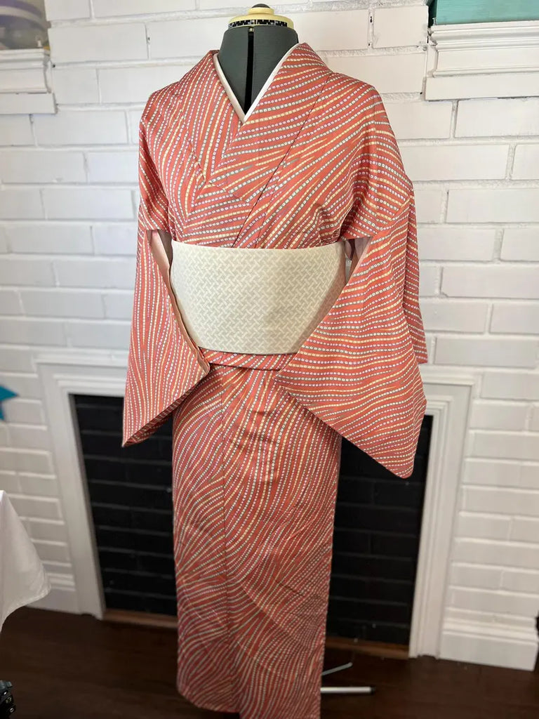 Japanese Vintage Komon Kimono: Orange Striped Awase with Small Dot
