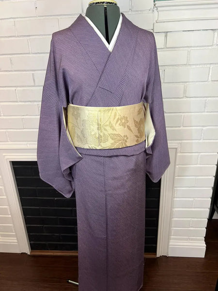 Vintage Japanese Kimono – Purple Silk Awase Kimono with Fine Dotted Stripe, Size S-M