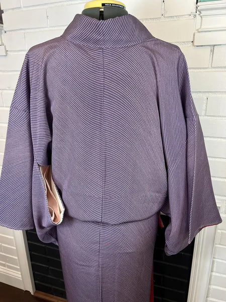 Vintage Japanese Kimono – Purple Silk Awase Kimono with Fine Dotted Stripe, Size S-M