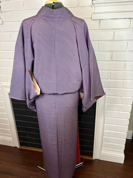 Vintage Japanese Kimono – Purple Silk Awase Kimono with Fine Dotted Stripe, Size S-M