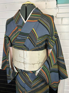 Vintage Japanese Kimono | Blue Gray Striped with Geometric Pattern| Traditional Women’s  Awase (Lined) Kimono