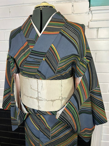 Vintage Japanese Kimono | Blue Gray Striped with Geometric Pattern| Traditional Women’s  Awase (Lined) Kimono