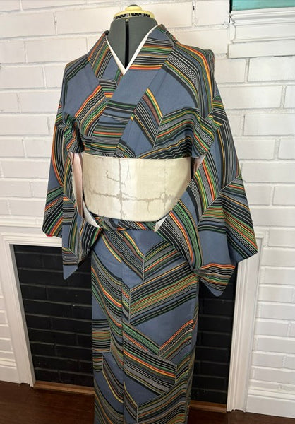 Vintage Japanese Kimono | Blue Gray Striped with Geometric Pattern| Traditional Women’s  Awase (Lined) Kimono