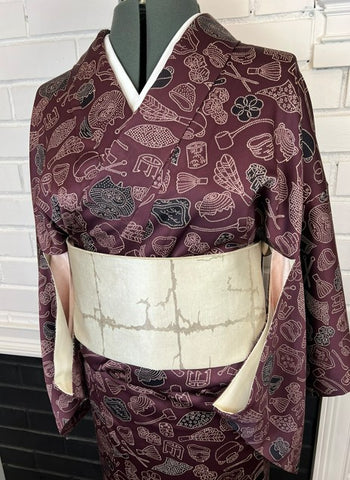 Vintage Japanese Kimono | Burgundy Awase with Tea Ceremony & Nature Motif – Authentic Traditional Wear