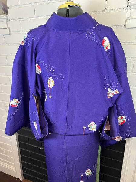 Vintage Japanese Purple Kimono with Playful Boy Motif – Lightweight Polyester Hitoe (Unlined)