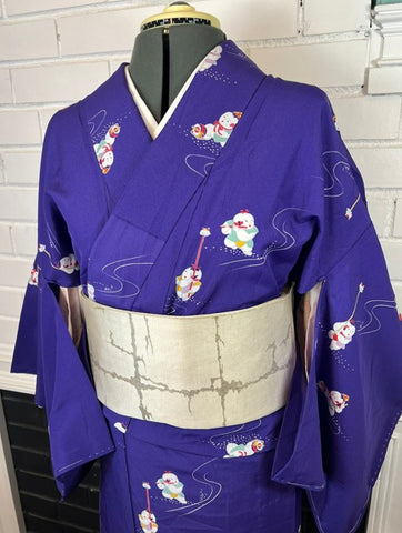 Vintage Japanese Purple Kimono with Playful Boy Motif – Lightweight Polyester Hitoe (Unlined)